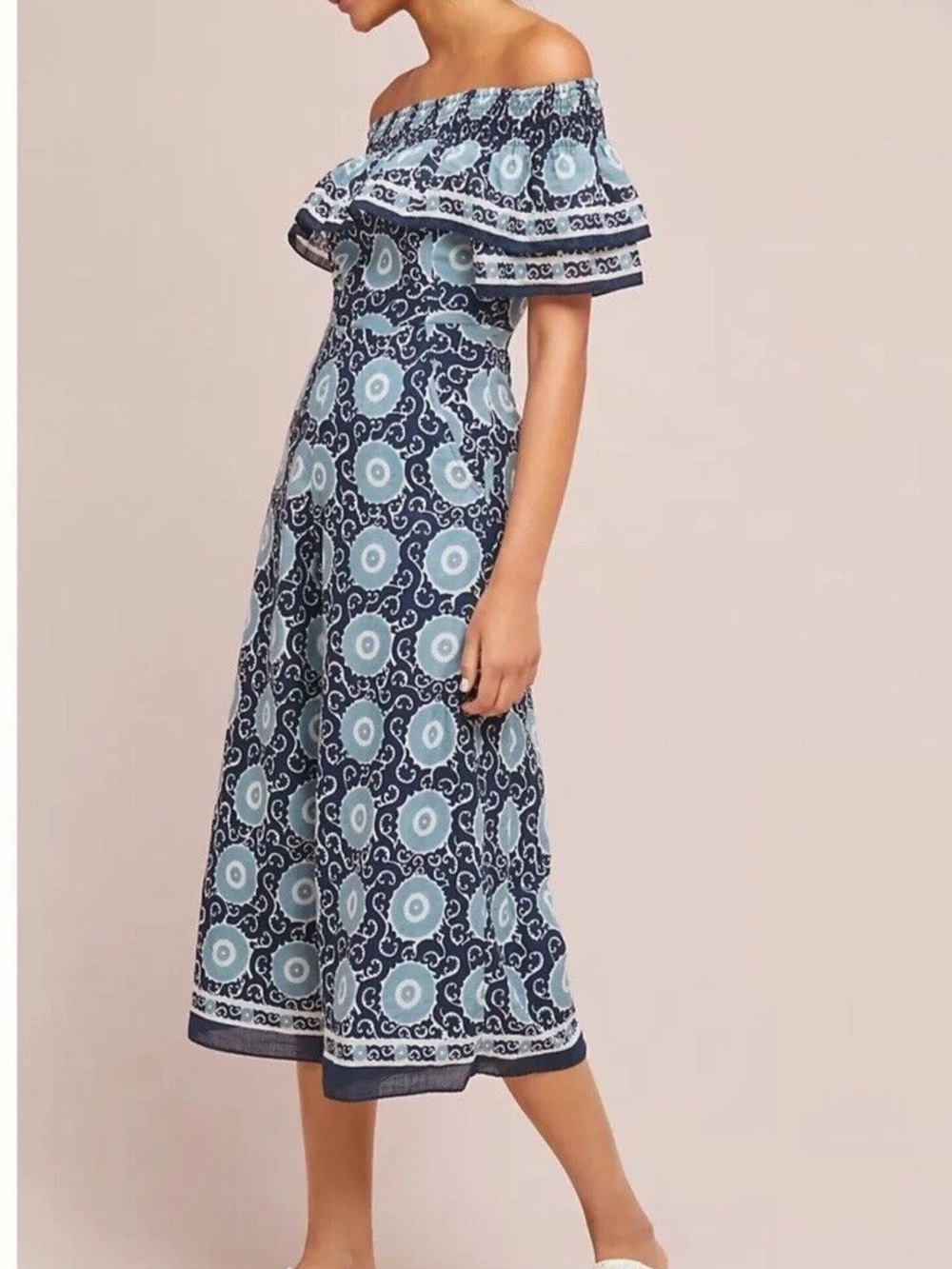 Anthrpologie Kopal Suzani Blue Floral off Shoulder Cotton Jumpsuit Romper M
